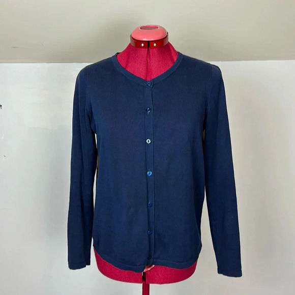 Nice Things navy  long sleeve knit 100% cotton cardigan with a woven fabric back - Picture 2 of 8